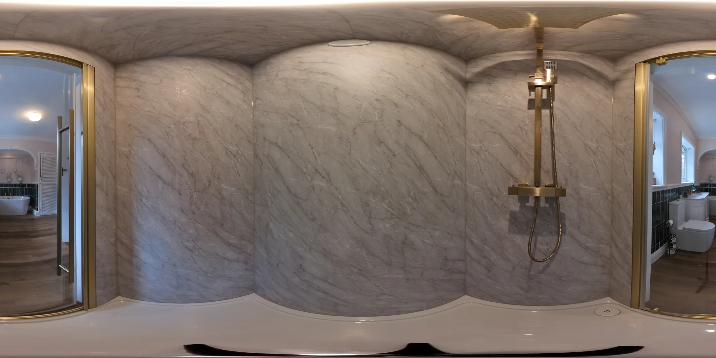 Marble effect walk-in shower with brass fittings