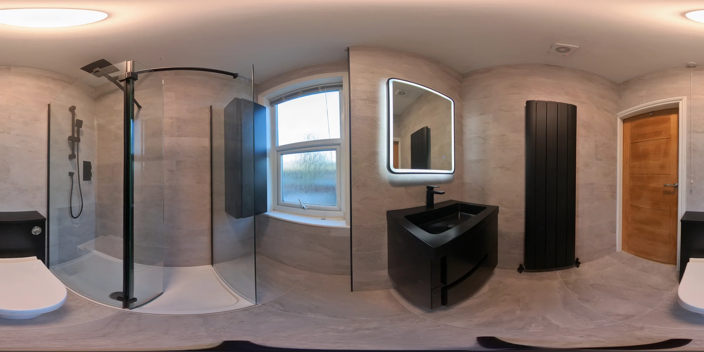 360 degree view of a completed modern bathroom renovation by NM Serv's LTD